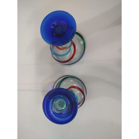 Set of 2 Hand Blown Art Margarita Cocktail Glasses Blue Red Green Swirl Thick - Picture 6 of 9